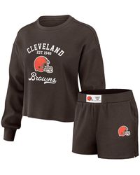 WEAR by Erin Andrews - Distressed Cleveland S Waffle Knit Long Sleeve T-shirt And Shorts Lounge Set - Lyst