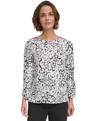 DKNY - Printed Ruched-sleeve Crewneck Blouse - Lyst