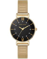 Anne Klein - Premium Round Gold-tone Stainless Steel Mesh And Black Dial Watch - Lyst