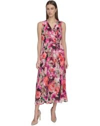 Calvin Klein - Floral-print Faux-wrap Sleeveless Dress - Lyst