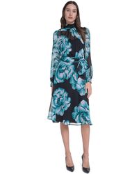 Calvin Klein - Wedding Guest Floral Print Long Sleeve Chiffon Midi Dress - Lyst