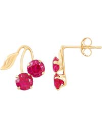 Macy's Created Ruby (1-1/3 Ct. T.w.) Button Cherry Leaf Earrings In 10k Yellow Gold - Multicolour