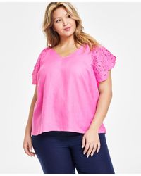 Charter Club - Plus Size 100% Linen Embroidered Flutter-sleeve Top - Lyst