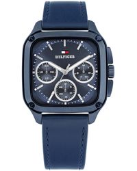 Tommy Hilfiger - Multifunction Blue Leather Strap Watch - Lyst