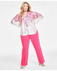 Anne Klein - Plus Size Floral Ruffle Collar Smocked Cuff Blouse Extended Tab Wide Leg Pants - Lyst