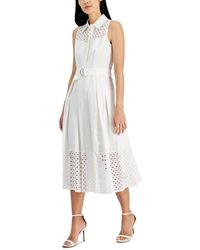 Anne Klein - Linen-blend Eyelet-embroidered Belted Pleated Dress - Lyst