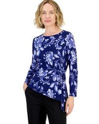 Kasper - Floral Houndstooth Print Wrap Front Long Sleeve Knit Top - Lyst