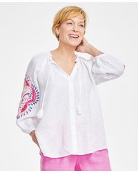 Charter Club - 100% Linen Embroidered-sleeve Peasant Top - Lyst