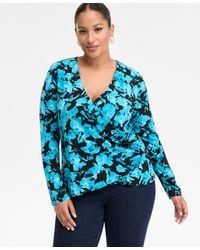 INC International Concepts - Plus Size Printed Long-sleeve Surplice-neck Top - Lyst