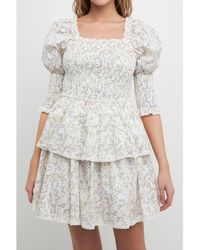 Free the Roses - Lace Trim Floral Print Smocked Sleeve Mini Dress - Lyst