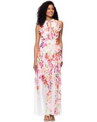 Betsy & Adam - Floral Print Ruffled Sleeveless Gown - Lyst