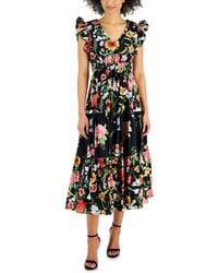 Anne Klein - Cotton Floral-print Tie-waist Midi Dress - Lyst