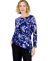 Kasper - Floral Houndstooth-print Wrap Front Long Sleeve Knit Top - Lyst