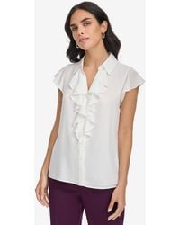 Calvin Klein - Petite Solid Ruffle-front Cap-sleeve Blouse - Lyst