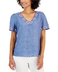Charter Club Linen Embroidered V-neck Top, Created For Macy's - Blue
