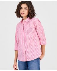 Nautica - Stripe Button-front Roll-tab-sleeve Cotton Shirt - Lyst