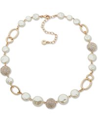Anne Klein - Gold-tone Pave & Imitation Pearl Disc Collar Necklace - Lyst
