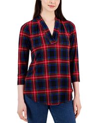 Charter Club - Petite Plaid Pleated-neck 3/4-sleeve Top - Lyst