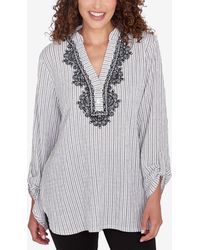 Ruby Rd. - Petite Split Neck Embroidered Puckered Stripe Top - Lyst