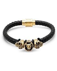 Steeltime - Lion Head And Skull Accents Black Leather Braided Bracelet - Lyst