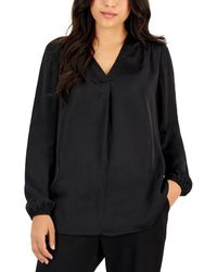 Ak Anne Klein - Petite Long-sleeve V-neck Pleated-front Blouse - Lyst