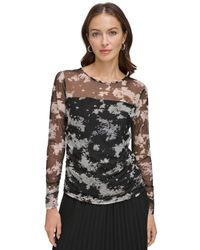 DKNY - Printed Mesh Ruched Long-sleeve Top - Lyst