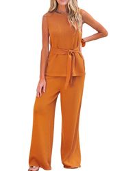 CUPSHE - Ribbed Knit Belted Tank Top And Wide Leg Pants Matching Set - Lyst