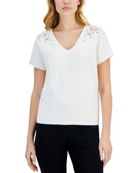 Tahari - Embroidered-shoulder Short Sleeve V Neck Sweater - Lyst