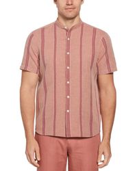 Perry Ellis - Band-collar Striped Short Sleeve Button-front Shirt - Lyst