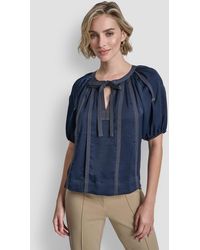 DKNY - Puff-sleeve Top Stitch Tie Front Blouse - Lyst