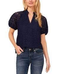 Cece - Floral Lace Puff Sleeve Split Neck Top - Lyst