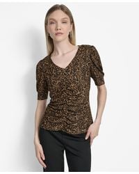 DKNY - Printed Puff-sleeve Ruched Top - Lyst