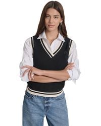 DKNY - Contrast Trim Cotton V-neck Sleeveless Sweater - Lyst