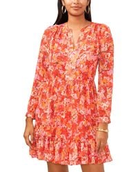 Vince Camuto - Floral Printed Long Sleeve Split Neck Tiered Baby Doll Dress - Lyst