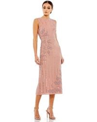 Mac Duggal - Striped Floral Embellished Sleeveless Midi Dress - Lyst