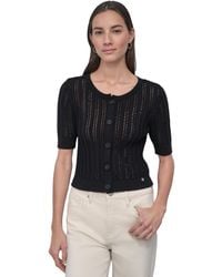DKNY - Crewneck Short-sleeve Cardigan Cable Pointelle Cardigan Sweater - Lyst