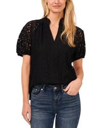 Cece - Floral Lace Puff Sleeve Split Neck Top - Lyst