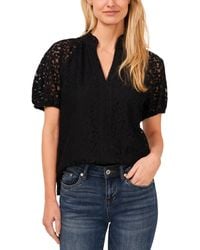 Cece - Floral Lace Puff Sleeve Split Neck Top - Lyst