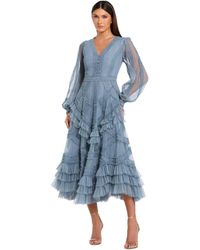 Mac Duggal - Long Sleeve V Neck Mesh Micro Ruffle Midi Dress - Lyst
