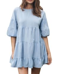 CUPSHE - Light Blue Ruffled Puff Sleeve Mini Beach Dress - Lyst