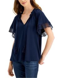 Charter Club Petite Lace-trim Top, Created For Macy's - Blue