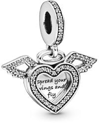 PANDORA - Cubic Zirconia Heart And Angel Wings Dangle Charm - Lyst