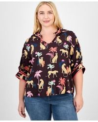 Democracy - Trendy Plus Printed Elbow-sleeve Split-neck Top - Lyst