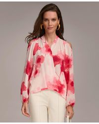 Donna Karan - Floral-print Cold-shoulder Blouse - Lyst