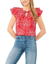 Cece - Printed Flutter-sleeve Tie-neck Top - Lyst