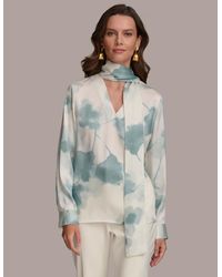 Donna Karan - Printed Tie-neck Long-sleeve Blouse - Lyst
