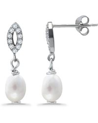Macy's - White Oval Cultured Pearl And Pave Cubic Zirconia Drop Earring - Lyst