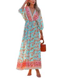 CUPSHE - Teal & Pink Plunging Bubble Sleeve Maxi Beach Dress - Lyst