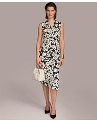 Donna Karan - Floral Print Gathered Sleeveless Midi Dress - Lyst