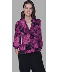 Karl Lagerfeld - V-neck Floral Print Ruffle Detail Top - Lyst